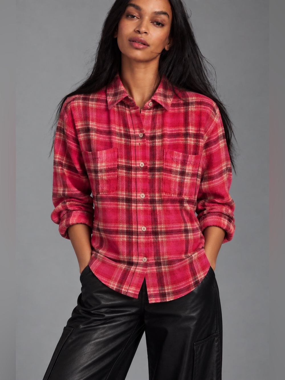 Anthropologie Pilcro Seamed Plaid Oversized Button-Down Shirt Sz Small